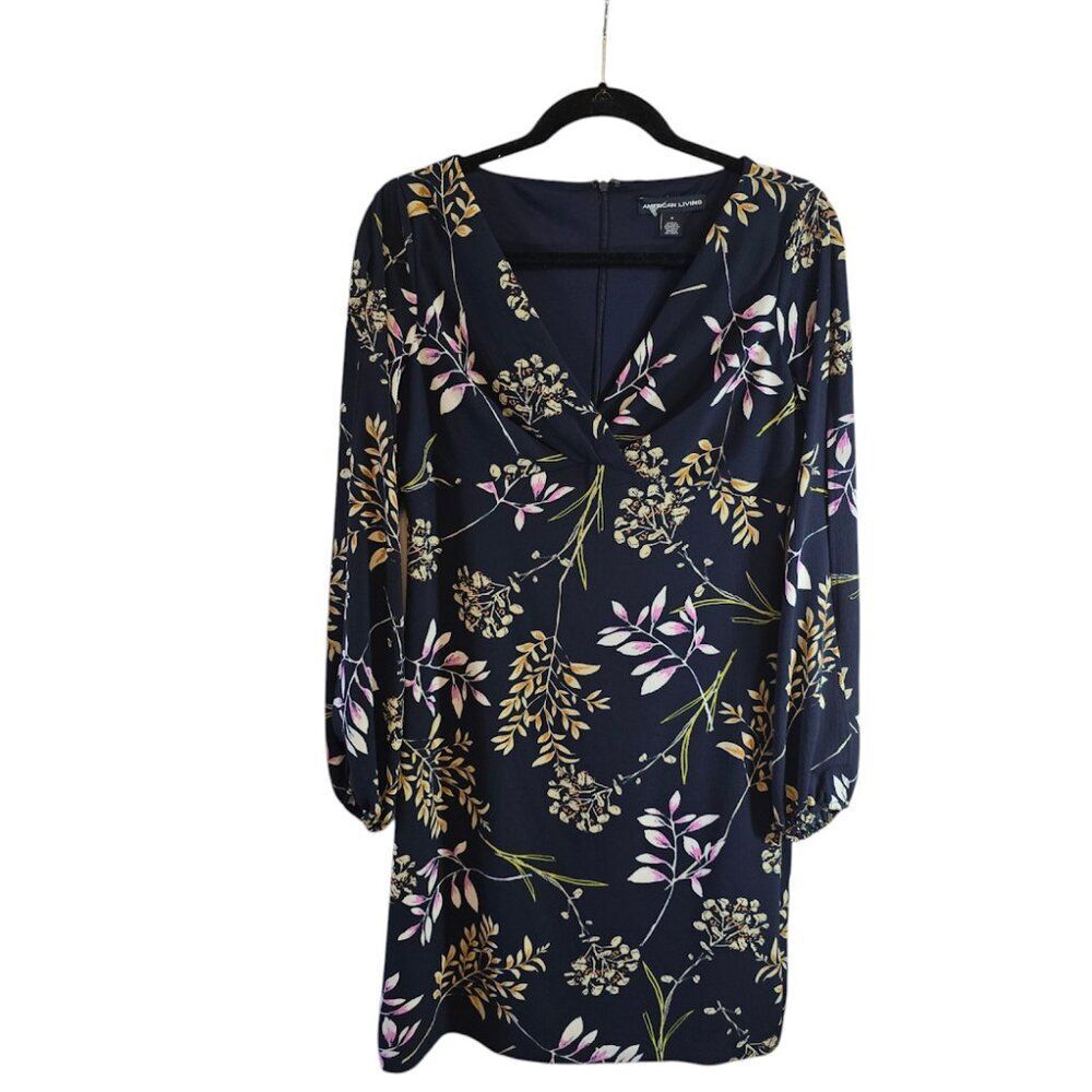 AMERICAN LIVING NWOT NAVY FLORAL DRESS LONG SLIT SLEEVES VNECK SIZE 8
